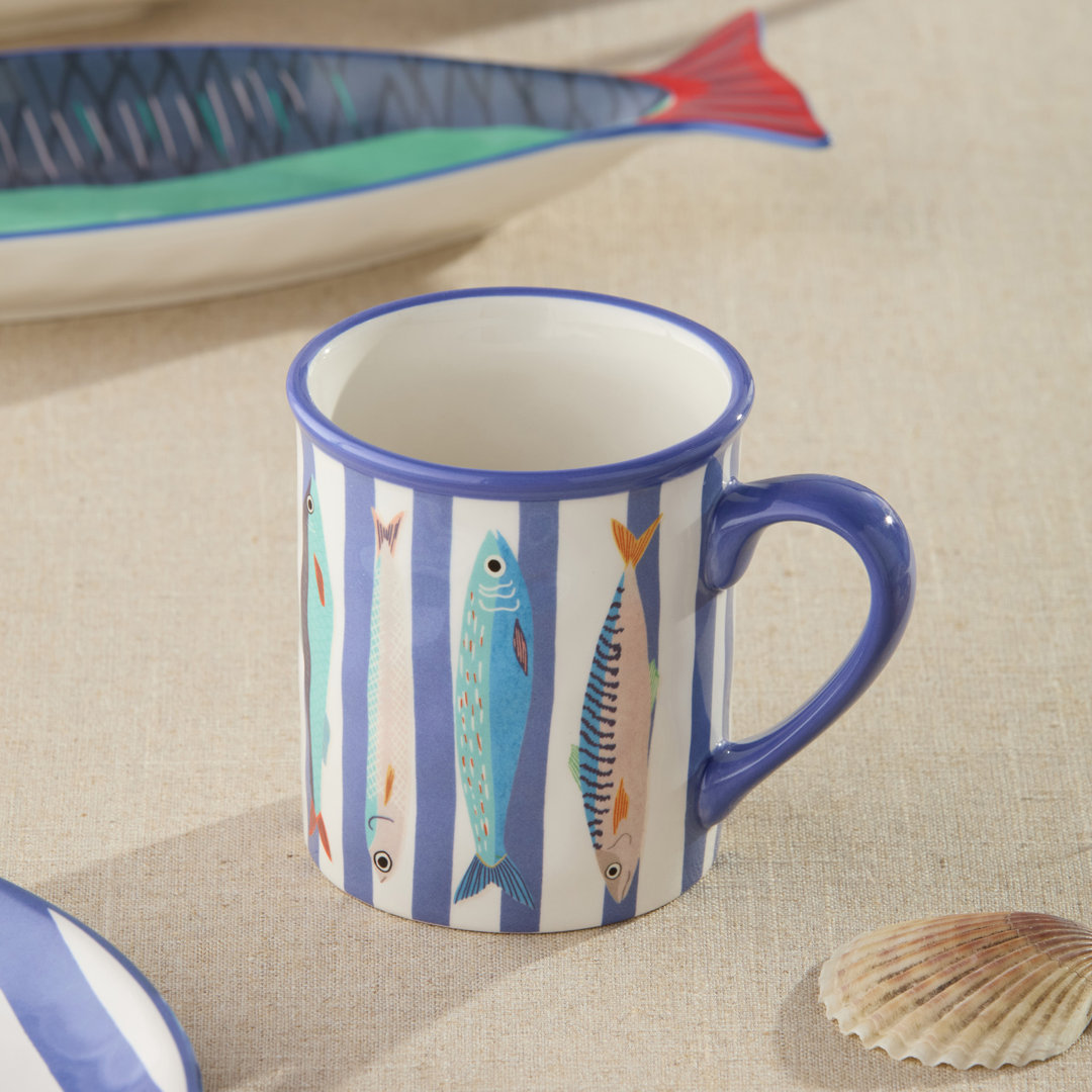 Something Fishy Ceramic Mug Set of 4, 16 oz coastal drinkware featuring colorful fish illustrations and nautical striping, great for morning coffee, tea moments, seaside kitchens